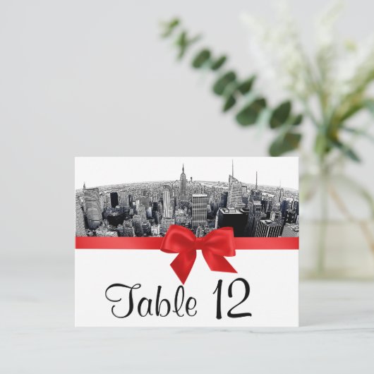 NYCエッチング魚眼スカイラインBW赤テーブル番号 ポストカード (スタンド正面)