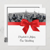 NYCエッチング魚眼スカイラインBW赤結婚のSQ 招待状 (正面/裏面)