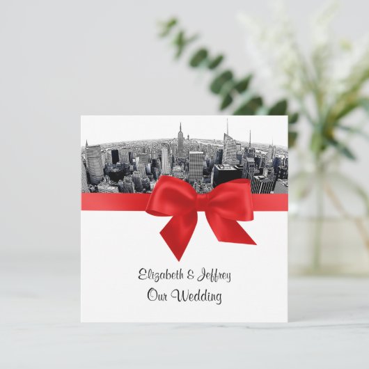 NYCエッチング魚眼スカイラインBW赤結婚のSQ 招待状 (スタンド正面)