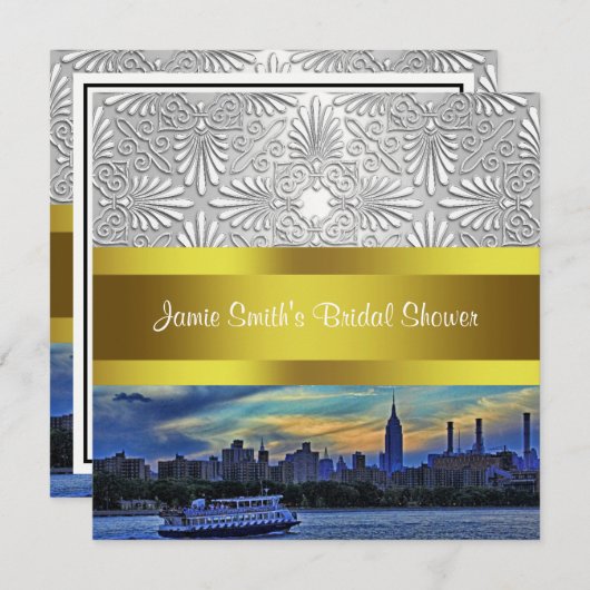 NYCサンセットスカイラインESBホワイトダマスクブライダルシャワー 招待状 (正面/裏面)