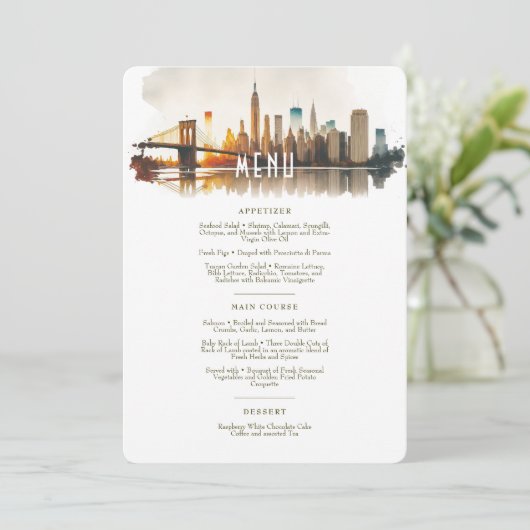 NYCサンダウンスカイライン水の色結婚のメニューカード 招待状 (スタンド正面)