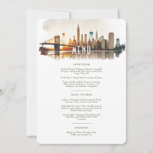 NYCサンダウンスカイライン水の色結婚のメニューカード 招待状 (正面)