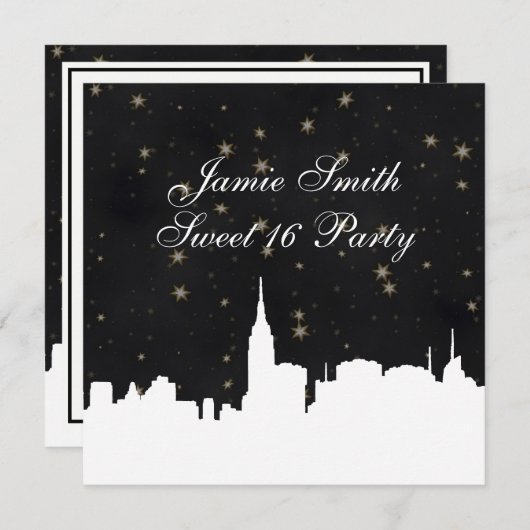 NYCスカイラインウィットシルエットBlk金ゴールドスタースウィート16 招待状 (正面/裏面)