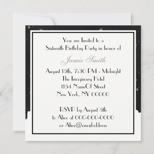 NYCスカイラインウィットシルエットBlk金ゴールドスタースウィート16 招待状 (裏面)