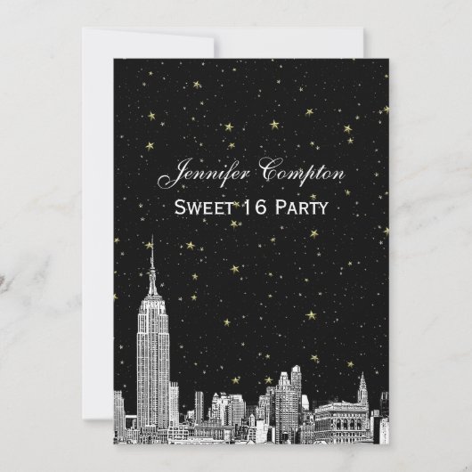 NYCスカイラインエッチドスターリーDIY BGカラースウィート16 招待状 (正面)