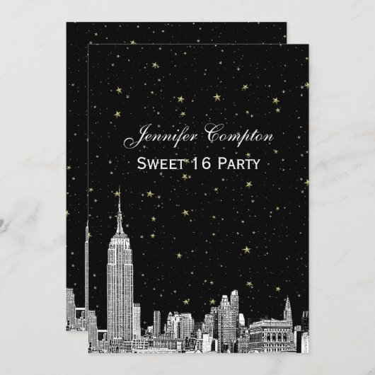 NYCスカイラインエッチドスターリーDIY BGカラースウィート16 招待状 (正面/裏面)