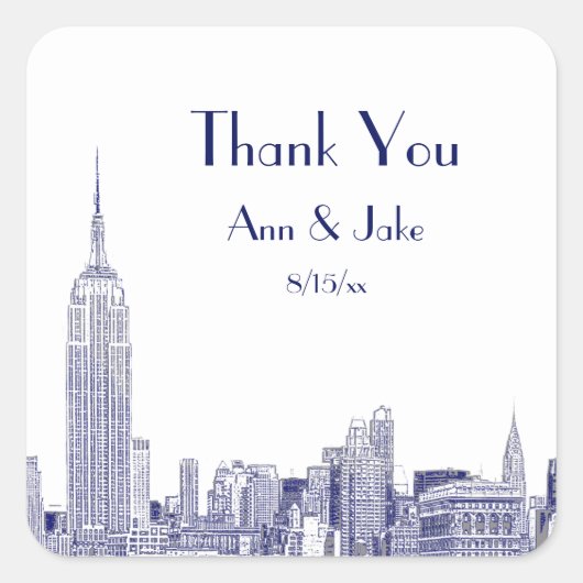 NYCスカイラインエッチング01メッセージカードサンキューブルー スクエアシール (正面)