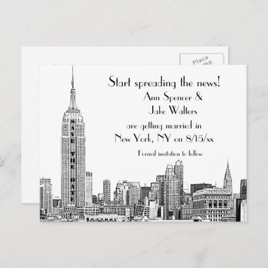 NYCスカイラインエッチング01B日付を保存 案内ポストカード (正面/裏面)