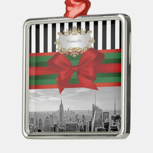 NYCスカイラインエランプSt BldgクリスマスBlk Wht Strp #2 メタルオーナメント (左)