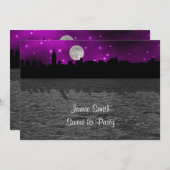 NYCスカイラインシルエットムーンパープルスウィート16 招待状 (正面/裏面)