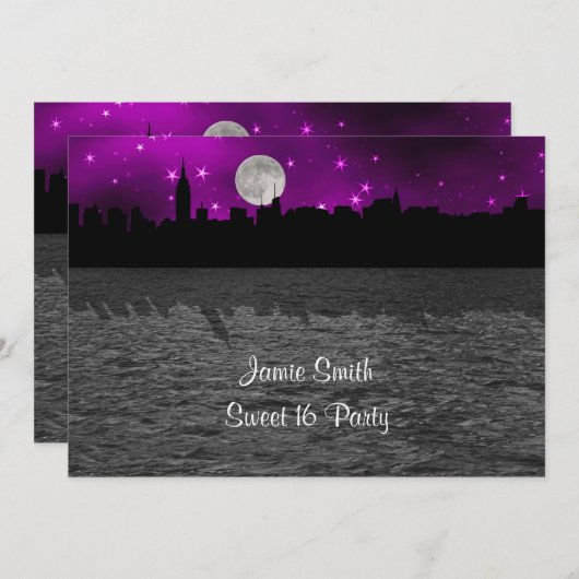 NYCスカイラインシルエットムーンパープルスウィート16 招待状 (正面/裏面)
