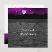 NYCスカイラインシルエットムーンパープルブライダルシャワーSQ 招待状 (正面/裏面)