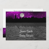 NYCスカイラインシルエットムーンパープルベビーシャワー 招待状 (正面/裏面)