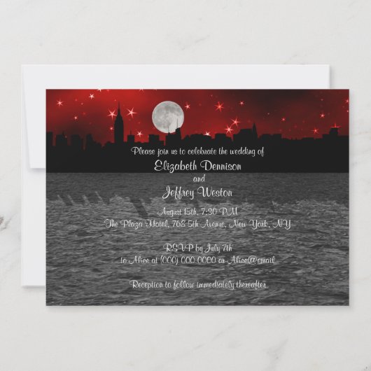 NYCスカイラインシルエットムーンレッド結婚ズ 招待状 (裏面)