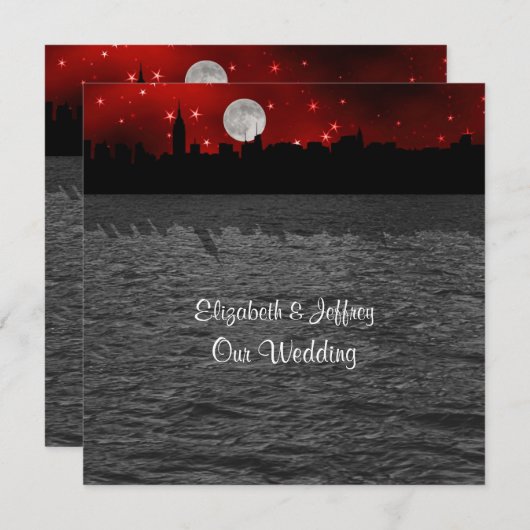 NYCスカイラインシルエットムーンレッド結婚ズSQ 招待状 (正面/裏面)