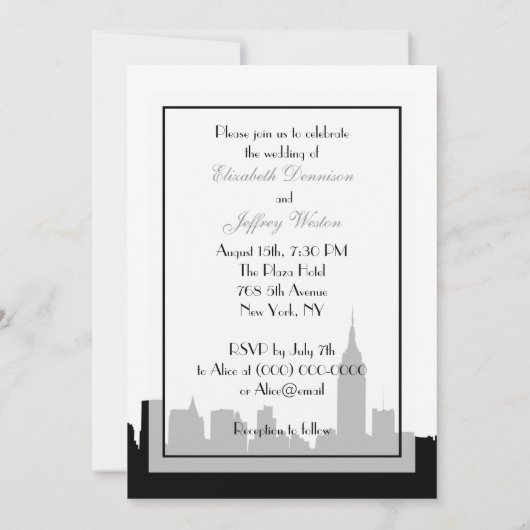 NYCスカイラインシルエット、キスESB #1 BWの結婚V 招待状 (裏面)