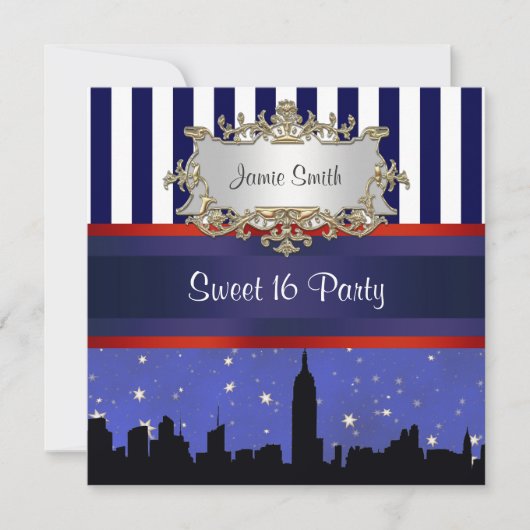 NYCスカイラインシルブルースカイ2ブルーウィットストライプスウィート16 招待状 (正面)