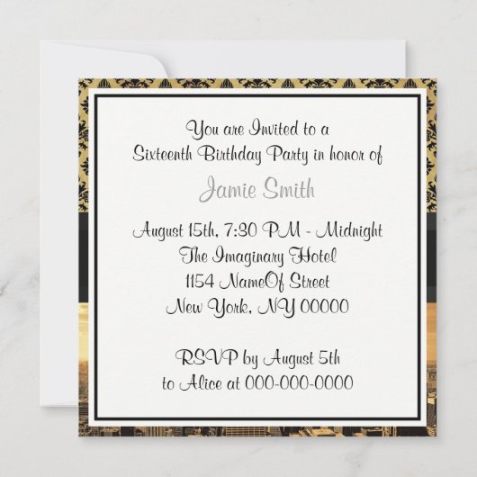 NYCスカイラインセピアB5 Blkリブダマスクスウィート16 Invite 招待状 (裏面)