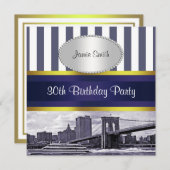NYCスカイラインブルックリンブリッジボートブルーウェイト誕生日 招待状 (正面/裏面)