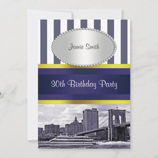 NYCスカイラインブルックリンブリッジボートブルーWt2誕生日 招待状 (正面)