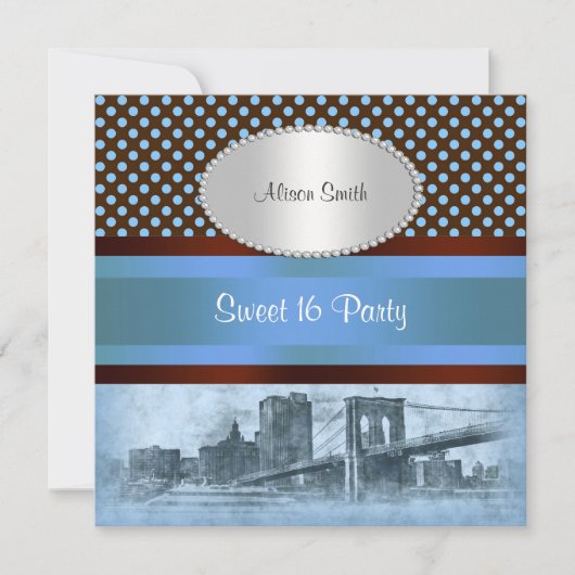 NYCスカイラインブルックリンブリッジボート4 Sweet 16 招待状 (正面)