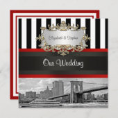 NYCスカイラインブルックリンブリッジBlkホワ結婚イト 招待状 (正面/裏面)