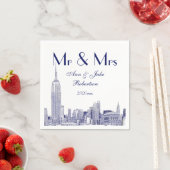 NYCスカイライン01エッチングDIY背景の結婚式Mr&Mrsブルー スタンダードカクテルナプキン (インサイチュ)