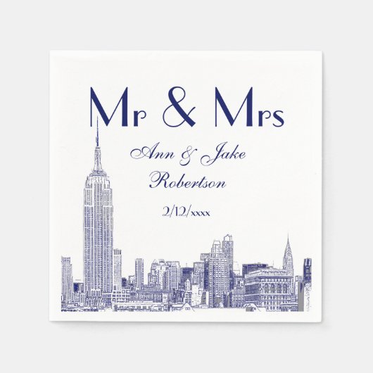 NYCスカイライン01エッチングDIY背景の結婚式Mr&Mrsブルー スタンダードカクテルナプキン (正面)