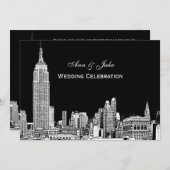 NYCスカイライン01エッチングDIY BGカラーウェディング招待 招待状 (正面/裏面)