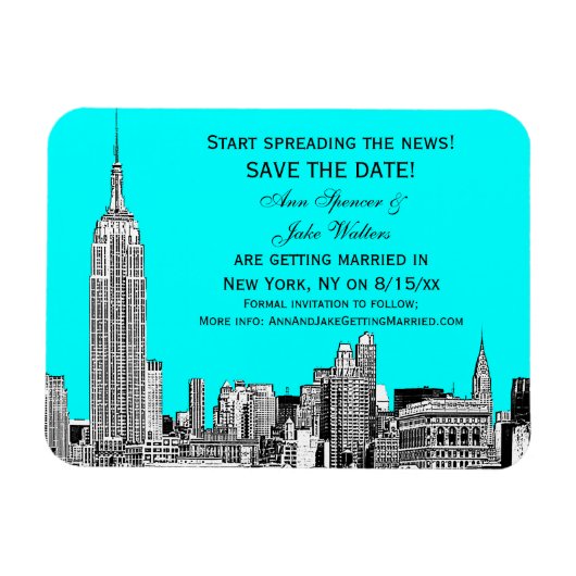 NYCスカイライン01エッチングDIY BGカラー日付を保存 マグネット (横)