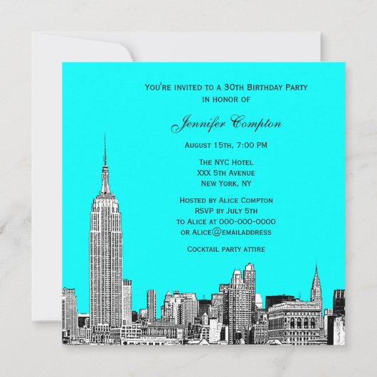 NYCスカイライン01エッチングDIY BGカラーSQ誕生日Pty 招待状 (裏面)