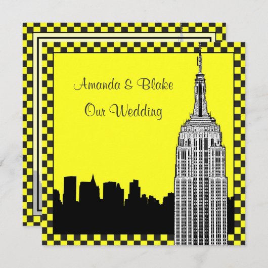 NYCスカイライン2エッチングESBタ市松模様にクシー結婚ズ 招待状 (正面/裏面)