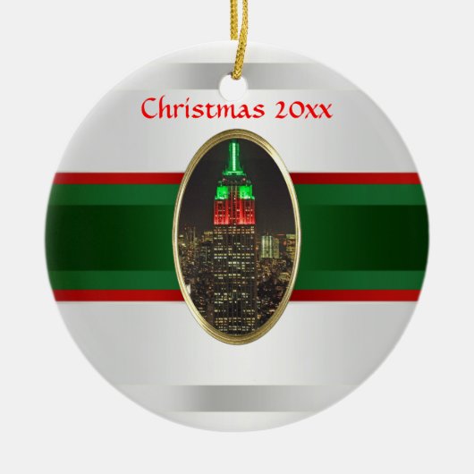 NYCスカイライン:エンパイアステート建物ナイトクリスマス#6W セラミックオーナメント (正面)