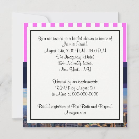 NYCスカイラインB2ピンクホワイトストライプブライダルシャワー 招待状 (裏面)