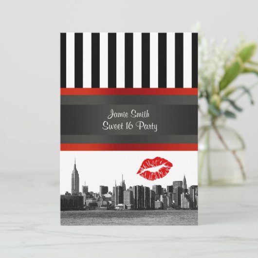 NYCスカイラインBk Wht Strpレッドキススウィート16パーティー 招待状 (スタンド正面)