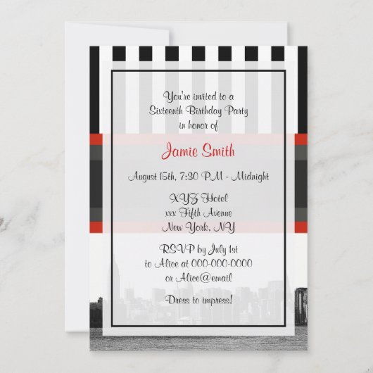 NYCスカイラインBk Wht Strpレッドキススウィート16パーティー 招待状 (裏面)