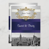 NYCスカイラインBW 05ホワイトネイビーブルースウィート16招待状 招待状 (正面/裏面)