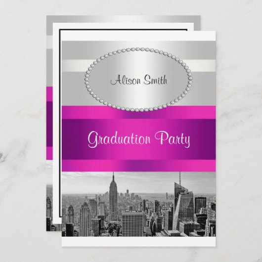 NYCスカイラインBW 05ホワイトホットピンク卒業招待状 招待状 (正面/裏面)