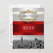 NYCスカイラインBW 05白赤RSVPポストカード インビテーションポストカード (正面/裏面)