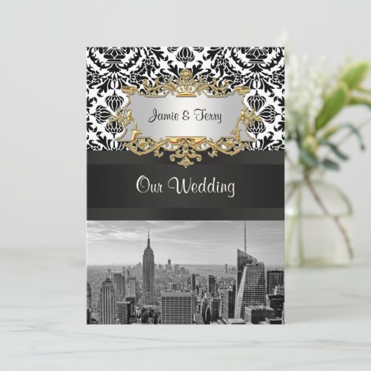 NYCスカイラインBW 431ダマスクウェディング招待状V 招待状 (スタンド正面)