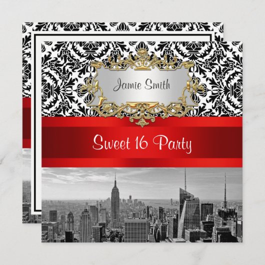 NYCスカイラインBW 432ダマスク – 甘い16パーティー招待状 招待状 (正面/裏面)