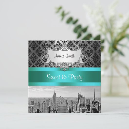 NYCスカイラインBW B3ダマスク – 甘い16パーティー招待状 招待状 (スタンド正面)