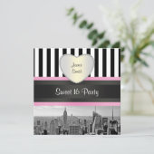 NYCスカイラインBW Blk Wht Strp Pink H Sweet 16パーティー 招待状 (スタンド正面)