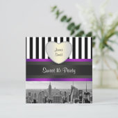 NYCスカイラインBW Blk Wht Strp Purpl H Sweet 16パーティー 招待状 (スタンド正面)