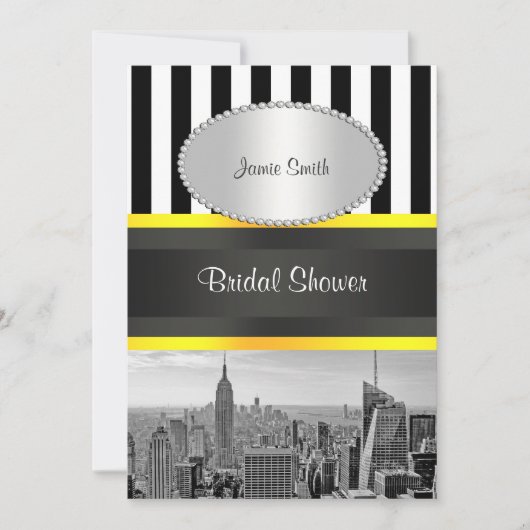 NYCスカイラインBW Blk Wht Strp Yellow Pブライダルシャワー 招待状 (正面)