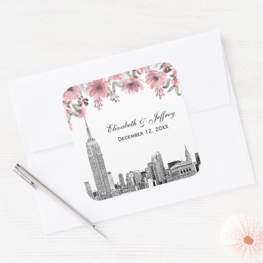 NYCスカイラインESBエッチピンクフローラ水色 スクエアシール (封筒)