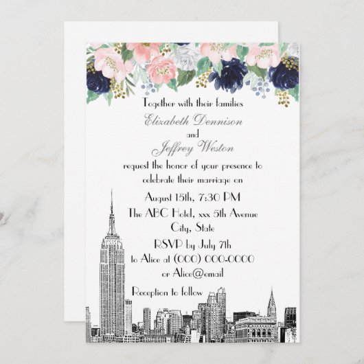 NYCスカイラインESBエッチングピンクWhtブルー金ゴールドフローラ 招待状 (正面/裏面)