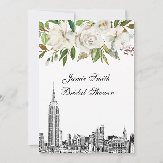 NYCスカイラインESBエッチングホワイトフローラブライダルシャワー 招待状 (裏面)