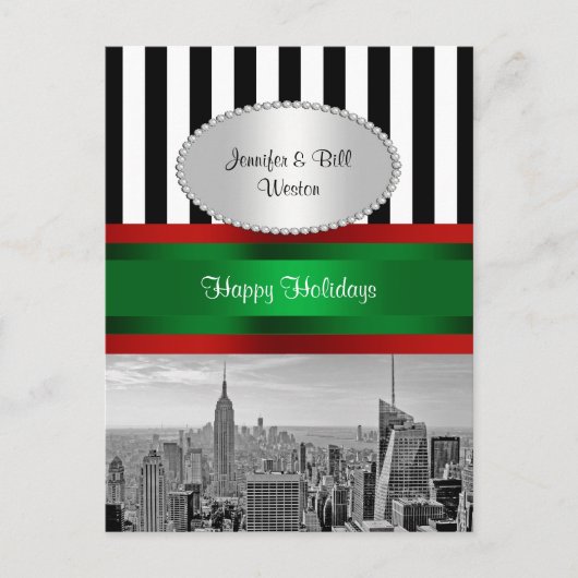 NYCスカイラインESB BW Blk Wht Strp Christmas シーズンポストカード (正面)