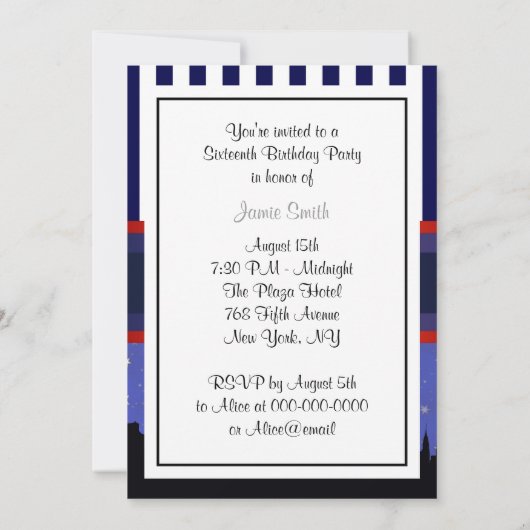 NYCスカイラインSILブルースカイ2ブルーWhtストラップスウィート16 V 招待状 (裏面)